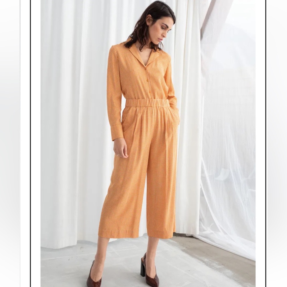 & Other Stories wide legged high waisted silky pants orange houndstooth US 6